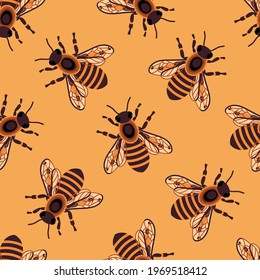 Honey bee pattern. Honey bee swarm inside beehive. Vector background.
