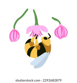 Abeja de miel polinizando una flor. Ilustración vectorial.