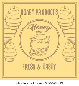 Honey Bee Poster Design with Sketch Circle Logo and Honeycomb Elements. Yellow Vintage Hand Drawn Illustration. Handcrafted Lettering.