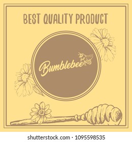 Honey Bee Poster Design with Sketch Circle Logo and Honeycomb Elements. Yellow Vintage Hand Drawn Illustration. Handcrafted Lettering.
