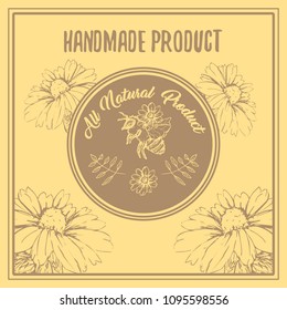 Honey Bee Poster Design with Sketch Circle Logo and Honeycomb Elements. Yellow Vintage Hand Drawn Illustration. Handcrafted Lettering.