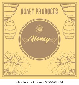 Honey Bee Poster Design with Sketch Circle Logo and Honeycomb Elements. Yellow Vintage Hand Drawn Illustration. Handcrafted Lettering.