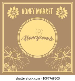 Honey Bee Poster Design with Sketch Circle Logo and Honeycomb Elements. Yellow Vintage Hand Drawn Illustration. Handcrafted Lettering.