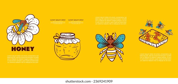 Honey bee poster flyer layout presentation brochure beekeeping honeycomb concept. Vector flat graphic design illustration
