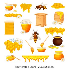 Honey with Bee, Pot, Dipper and Honeycomb with Dripping Liquid Big Vector Set