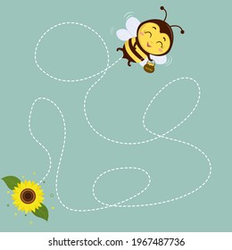 Honey bee with a pot of honey flies, sunflower flower on green background. Vector, cartoon style