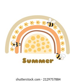 Honey bee rainbow element. Honeycomb, bee, sweet honey beekeeping graphic element isolated. Cute bee honey organic logo. Vector illustration design