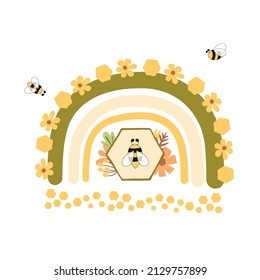 Honey bee rainbow element. Honeycomb, bee, sweet honey beekeeping graphic element isolated. Cute honey bee organic logo. Vector illustration design