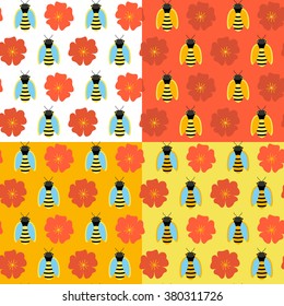 Honey bee with red flower seamless patern set. Vector illustration of apiculture colorful backgrounds. 