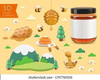 Honey and bee related element set, isolated on yellow background, 3d illustration in cartoon design