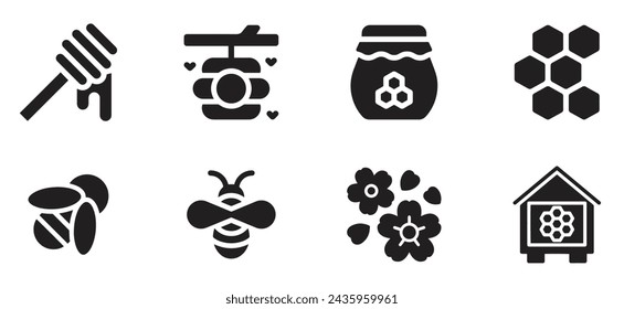 Conjunto de iconos relacionados con la abeja y la miel. Conjunto de ilustración vectorial de miel.