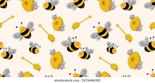 Patrón de dibujos animados sin fisuras de abeja de miel con miel y colmena. Se puede utilizar para diseños de papel, envoltura de regalo, textiles, etc.