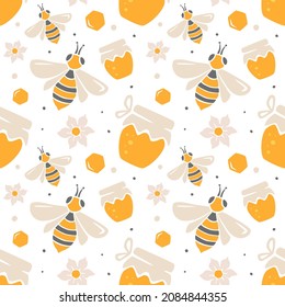 Honey and bee seamless pattern. Cute jars of honey, bees, flowers and honeycombs in cartoon style. Vector flat hand drawn illustration