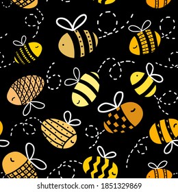 Honey bee seamless pattern with flying bee on black background.