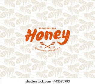 Honey bee seamless pattern and label. Color print on light pattern background