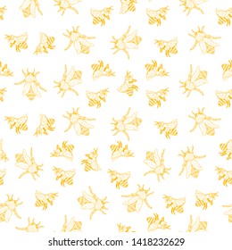 Honey Bee Seamless Pattern, Sketch Vector Illustration With Bumble Bee Hives In Vintage Style, Yellow Hand Drawn Honeycomb On White Background