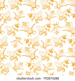 Honey Bee Seamless Pattern, Sketch Vector Illustration With Bumble Bee Hives In Vintage Style, Yellow Hand Drawn Honeycomb On White Background