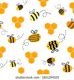 Honey bee seamless pattern. Vector honeycomb texture.
