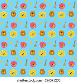Honey and bee seamless pattern. Vector illustration of apiculture and honey bee objects. 