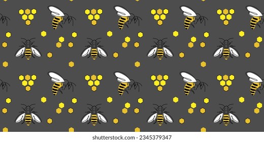 Honey and bee seamless vector pattern, texture, background in yellow and grey colors. Vector pattern for honey label design, wrapping. One continuous line art drawing of the honey pattern.