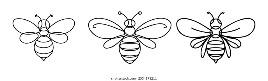 Conjunto de abejas de miel continuo dibujo de una línea. Ilustración de arte de una sola línea de insecto de abeja. Vector editable.