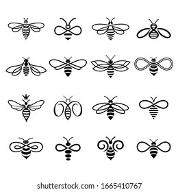 Honey bee set. Set of honey bee labels and icons for honey products, natural, farm honey. Isolated insect icons. Flying bee. Creative design industrious bees. Vector illustration in flat linear style.