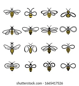 Honey bee set. Set of honey bee labels and icons for honey products, natural, farm honey. Isolated insect icons. Flying bee. Creative design industrious bees. Vector illustration in flat linear style.