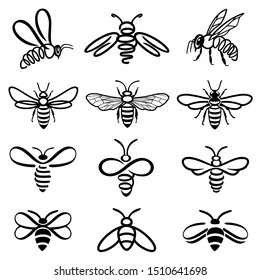 Honey bee set. Set of  honey and bee labels for honey logo products. Isolated insect icon. Flying bee. Set of abstract modern graphic bees  on white background. Flat style vector illustration