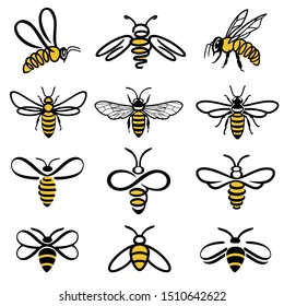 Honey bee set. Set of  honey and bee labels for honey logo products. Isolated insect icon. Flying bee. Set of abstract modern graphic bees  on white background. Flat style vector illustration.