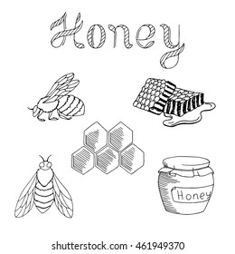 Honey bee set text graphic art black white isolated illustration vector