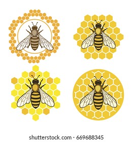 Honey bee set. Vector. Set of honey and bee labels for honey logo products. Isolated insect icon. Flying bee. Flat style vector illustration.