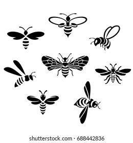 Honey bee set. Vector. Set of honey and bee labels for honey logo products. Isolated insect icon. Flying bee. Flat style vector illustration.