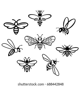 Honey bee set. Vector. Set of honey and bee labels for honey logo products. Isolated insect icon. Flying bee. Flat style vector illustration.