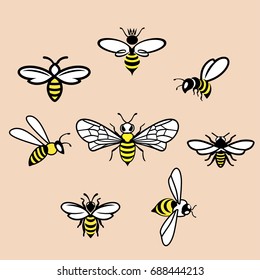 Honey bee set. Vector. Set of honey and bee labels for honey logo products. Isolated insect icon. Flying bee. Flat style vector illustration.