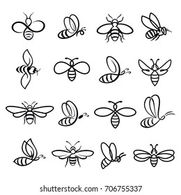 Honey bee set. Vector. Set of honey and bee labels for honey logo products. Isolated insect icon. Flying bee. Flat style vector illustration.