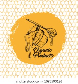 Honey Bee, Sketch Logo Design with Honeycomb Pattern. Vintage hand drawn isolated illustration with handcrafted lettering.