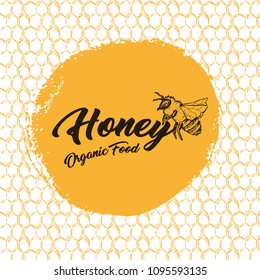 Honey Bee, Sketch Logo Design with Honeycomb Pattern. Vintage hand drawn isolated illustration with handcrafted lettering.