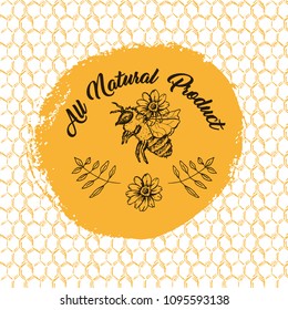 Honey Bee, Sketch Logo Design with Honeycomb Pattern. Vintage hand drawn isolated illustration with handcrafted lettering.
