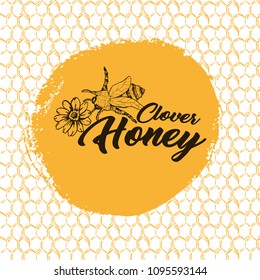 Honey Bee, Sketch Logo Design with Honeycomb Pattern. Vintage hand drawn isolated illustration with handcrafted lettering.