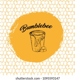 Honey Bee, Sketch Logo Design with Honeycomb Pattern. Vintage hand drawn isolated illustration with handcrafted lettering.