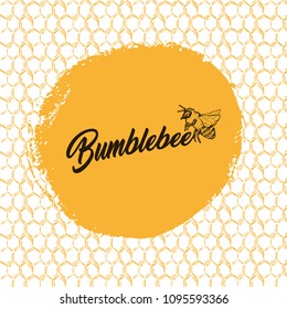 Honey Bee, Sketch Logo Design with Honeycomb Pattern. Vintage hand drawn isolated illustration with handcrafted lettering.