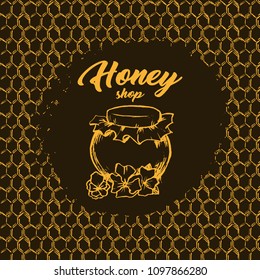 Honey Bee, Sketch Logo Design with Honeycomb Pattern. Vintage hand drawn isolated illustration with handcrafted lettering. Dark background and yellow or orange contour.