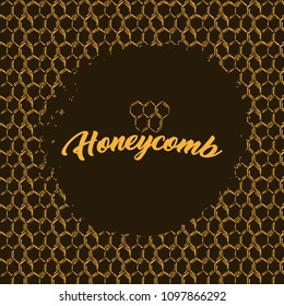 Honey Bee, Sketch Logo Design with Honeycomb Pattern. Vintage hand drawn isolated illustration with handcrafted lettering. Dark background and yellow or orange contour.