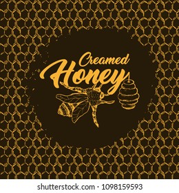 Honey Bee, Sketch Logo Design with Honeycomb Pattern. Vintage hand drawn isolated illustration with handcrafted lettering. Dark background and yellow or orange contour.