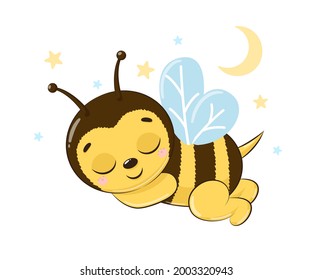 Honey bee is sleeping and smiling.Cartoon vector illustration.