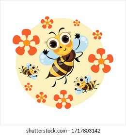 Honey bee. Swarm bees. Cartoon cute character. Emblem, sticker, label, mascot. Cartoon cute bee. Vector illustration isolated on white background for baby t-shirt.