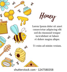 Honey bee vector banner template with cute doodle colorful cartoon icons