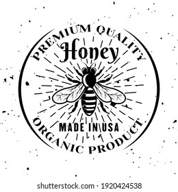 Honey bee vector emblem, badge, label or logo in monochrome style isolated on white background