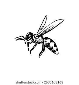 The honey bee. Vector graphics. Black and white hand-drawn illustration. On a white background. Great for stickers, banners, posters and packaging, postcards and labels, prints and more.