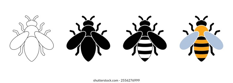 Honey bee vector icon set. Four bees in different styles, insect illustration for pollination, nature, and honey production. Flat clipart isolated on white background.